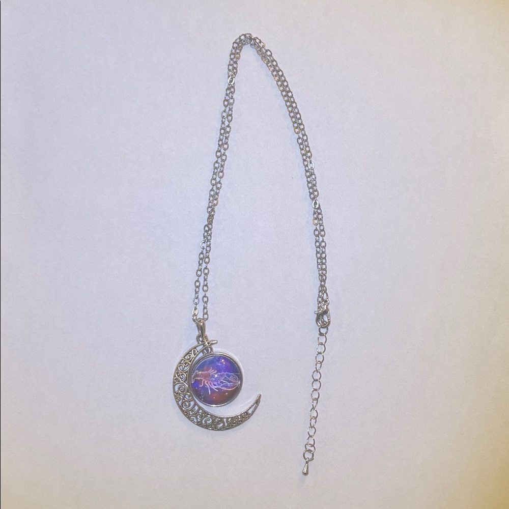 Silver Crescent Moon Necklace with Blue and Purple Pendant